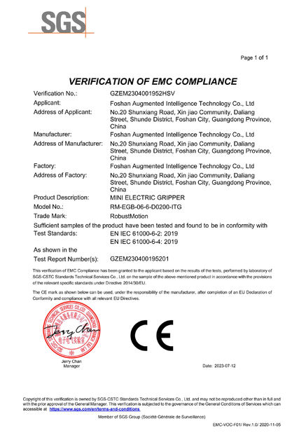 China Foshan Augmented Intelligence Technology Co., Ltd certificaciones